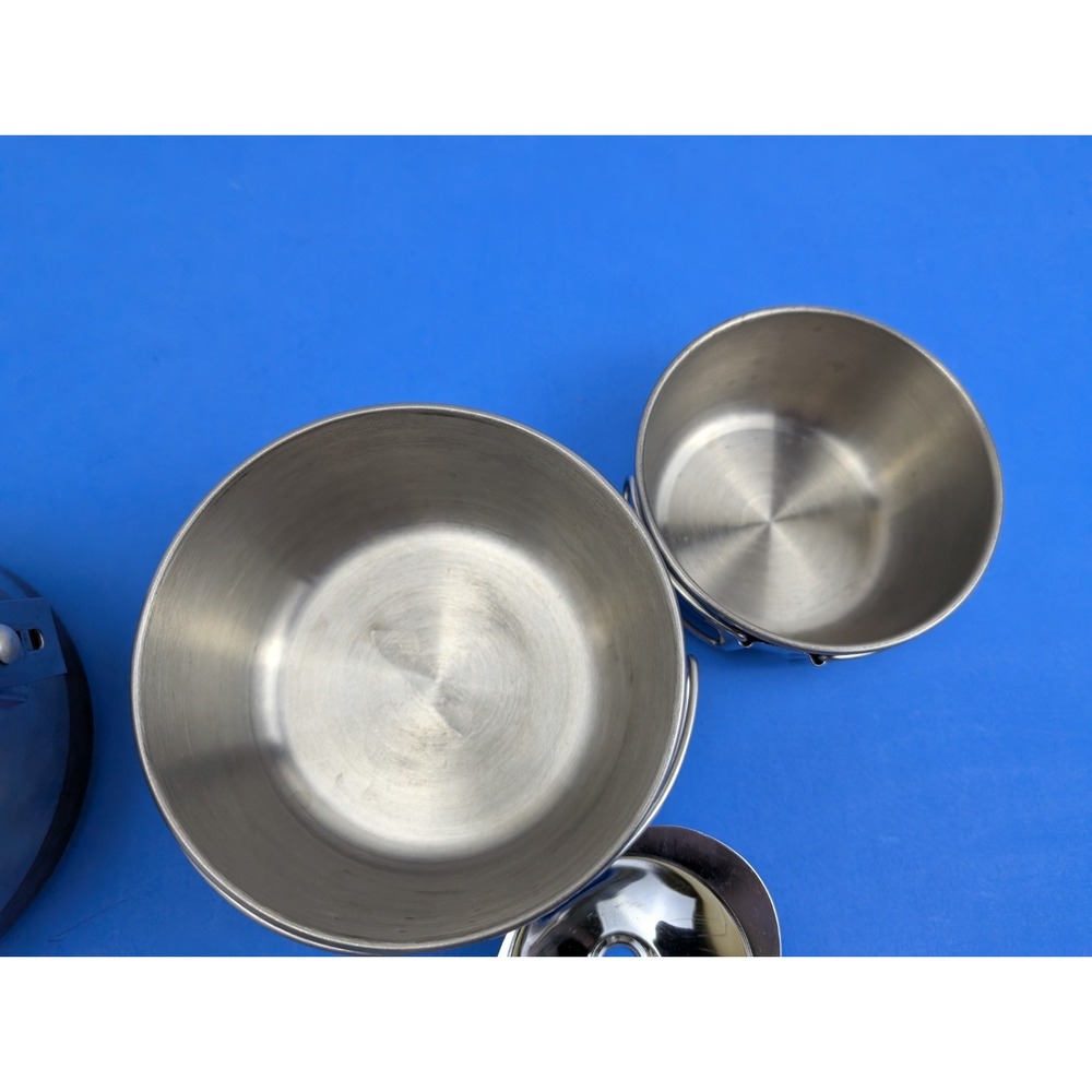 Vtg 3 Piece Camping Cook Set Coleman Peak 1 Stainless Steel Nesting Pots Pans - Picture 7 of 12